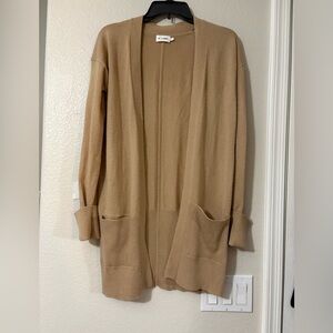 R Label Wool Cashmere Blend Long Line Open Front Cardigan with Pockets.